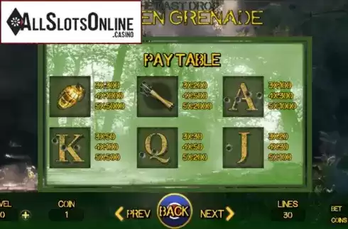 Paytable 2. The Last Drop Golden Grenade from Skyrocket Entertainment