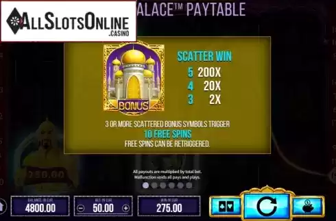 Paytable. Aladdin and the Golden Palace from SYNOT