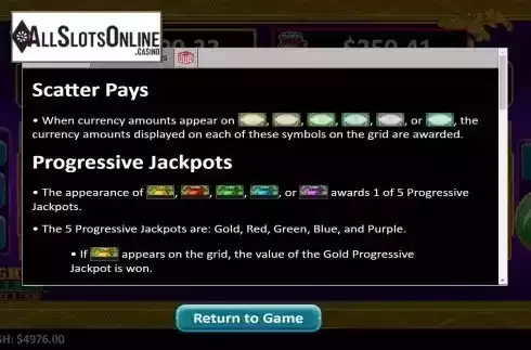 Scatter and Progressive Jackpots Screen