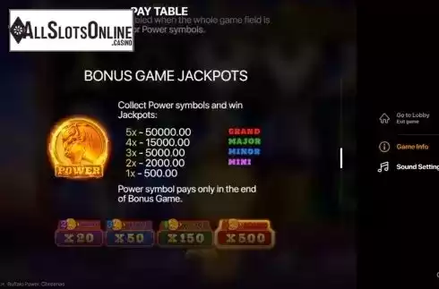 Bonus game Jackpots screen