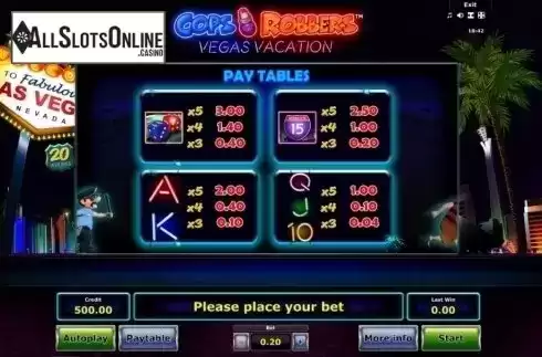 Paytable 1. Cops 'n' Robbers Vegas Vacation from Greentube