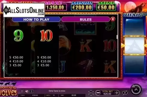 Paytable 4. Run with the Wolves Quad Shot from Ainsworth