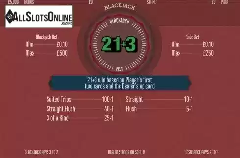 Reels screen. 21+3 Blackjack (Felt Gaming) from Felt