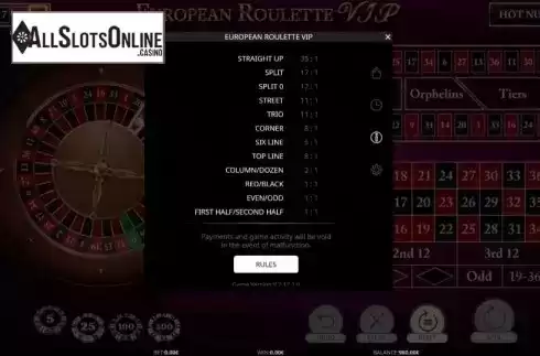 Paytable. European Roulette VIP (iSoftBet) from iSoftBet