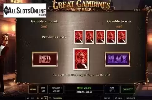 Gamble screen. The Great Gambini's Night Magic from Greentube