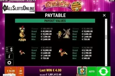 Paytable - Crazy Chicken Shooter. Cutie Cat CCS from Gamomat