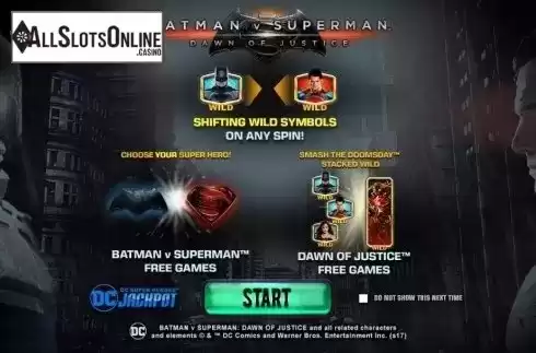 Intro Game screen. Batman v Superman Dawn of Justice from Playtech