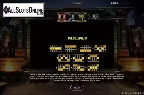 Paytable and payliines screen