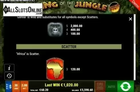 Paytable 3. King of the Jungle RHFP from Gamomat