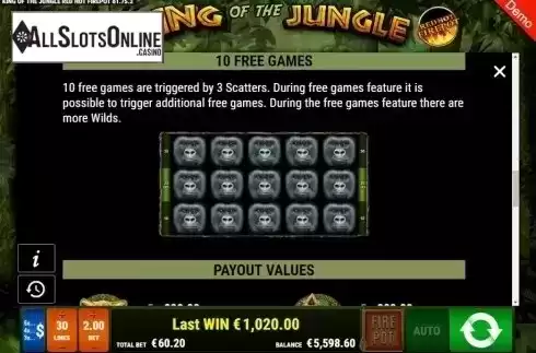 Paytable 5. King of the Jungle RHFP from Gamomat