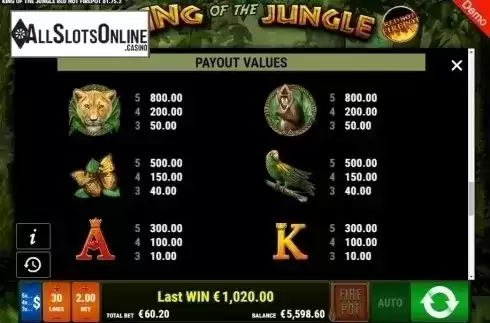 Paytable 6. King of the Jungle RHFP from Gamomat