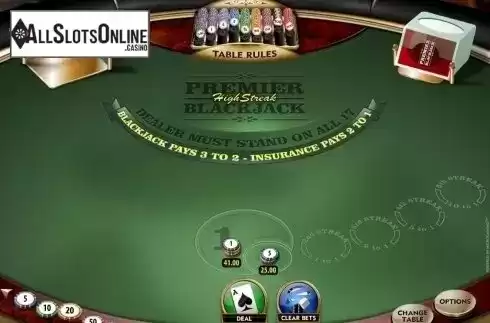 Game Screen. Premier High Streak Blackjack from Microgaming