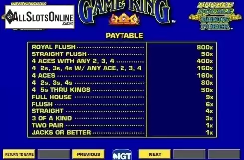 Paytable. Double Double Bonus Poker Game King from IGT
