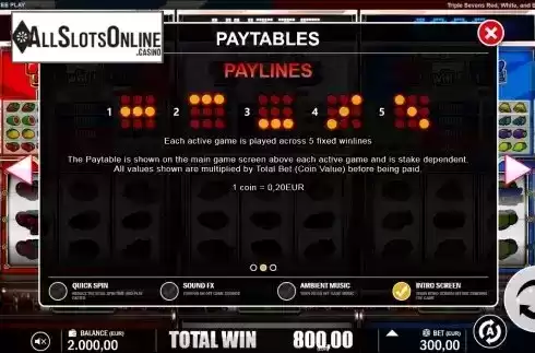 Paylines screen