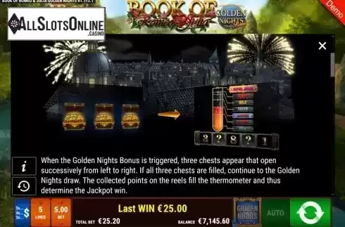 Paytable screen. Book of Romeo and Julia Golden Nights from Gamomat