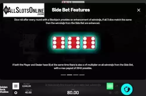 Side Bet Features screen