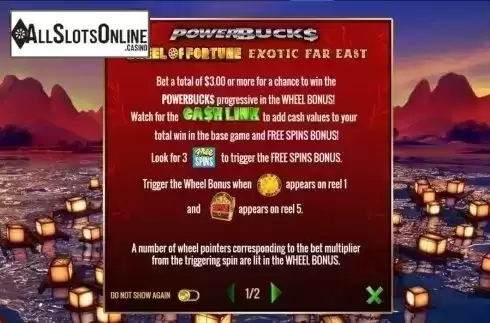 Start Screen. Powerbucks Wheel of Fortune Exotic Far East from IGT