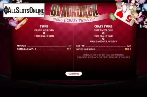 Start screen. BlackJack Twins and Crazy Twins Extended VIP from GAMING1