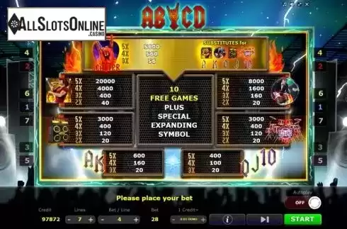 Paytable screen. AB-CD from Five Men Games
