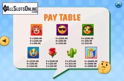 Paytable. Emoji from KA Gaming