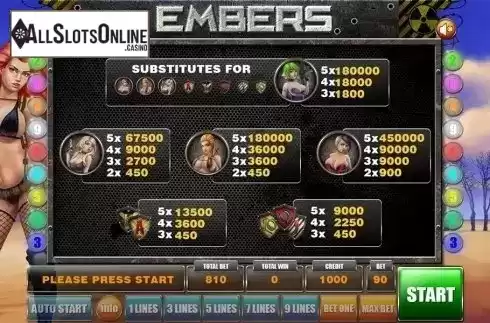 Paytable . Embers from GameX