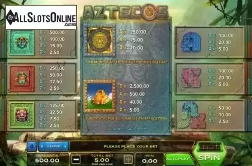 Paytable. Aztecos from Xplosive Slots Group