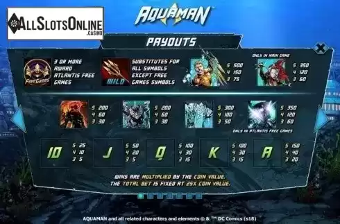 Paytable. Aquaman from Playtech