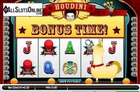Bonus game intro screen. Houdini from Roxor Gaming