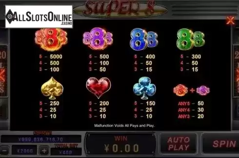 Paytable. Super 8 (CQ9 Gaming) from CQ9Gaming