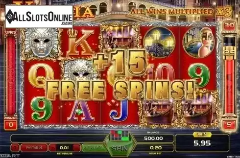 Free Spins screen. Venetia from GameArt