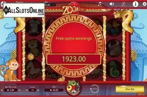 Free spins total win screen. Zoodiac from Booming Games
