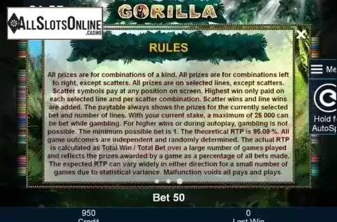 Paytable 3. Gorilla from Greentube