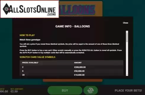 Paytable screen 1. Balloons from Hacksaw Gaming