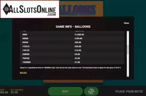 Paytable screen 3. Balloons from Hacksaw Gaming