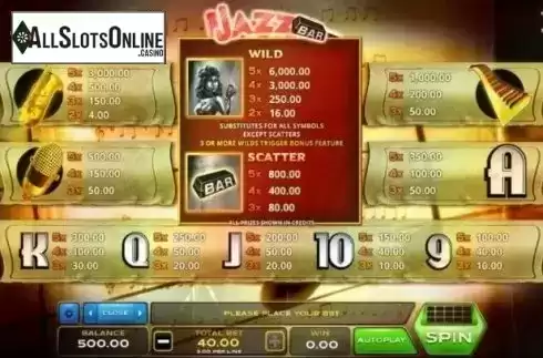 Paytable. Jazz Bar from Xplosive Slots Group