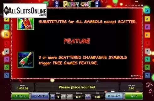 Paytable 2. Party On!	 from Novomatic