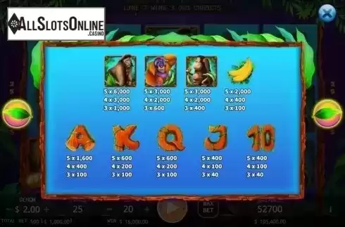 Paytable. The Apes from KA Gaming