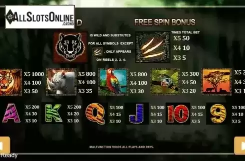 Paytable . 5 Tigers from PlayStar