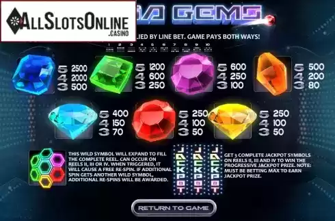 Paytable. Mega Gems from Betsoft