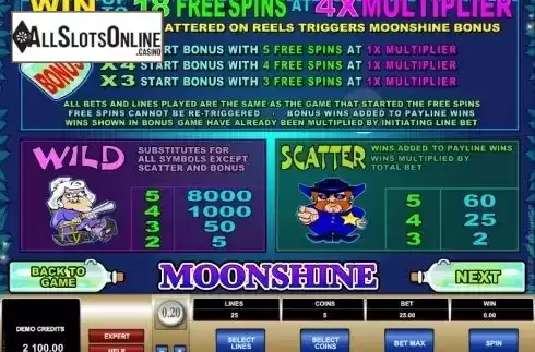 Paytable 1. Moonshine (Microgaming) from Microgaming