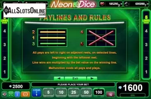 Paylines. Neon Dice from EGT