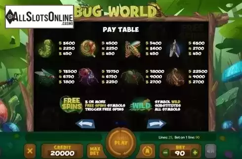 Paytable . Bug World from X Card