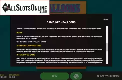 Game rules screen 1. Balloons from Hacksaw Gaming