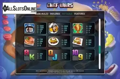 Paytable screen 1. Chef Wars from Arrows Edge