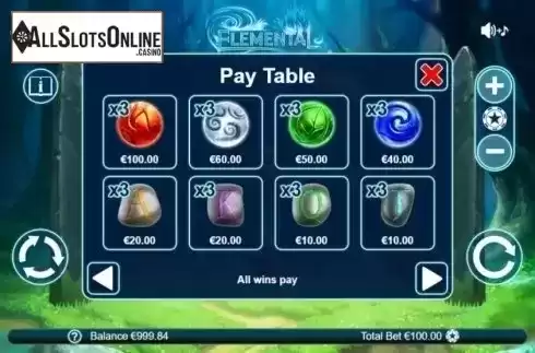 Paytable. Elemental from Leander Games