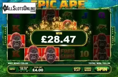 Big Win Presentation screen. Epic Ape from Playtech