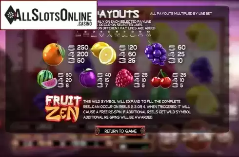 Paytable 1. Fruit Zen from Betsoft