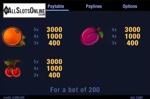 Paytable 2. Fruitrays from Swintt