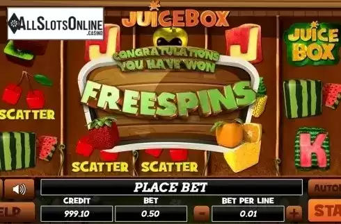 Free spins intro screen. Juice Box from PlayPearls
