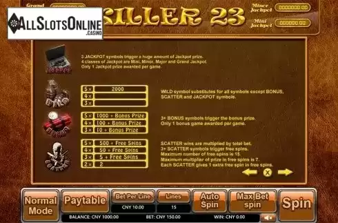 Paytable 2. Killer 23 from Aiwin Games